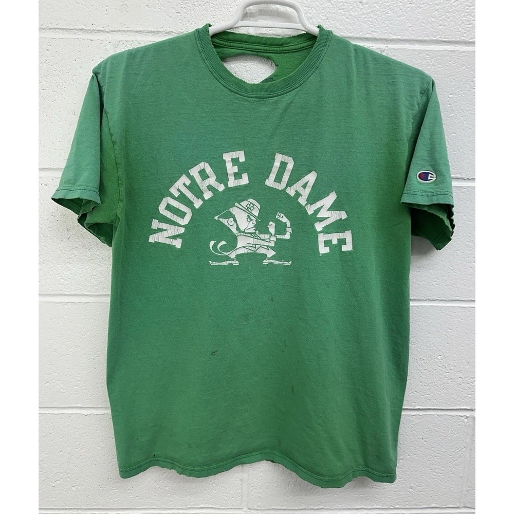Champion Notre Dame Green T-shirt Men's Size Large / THRASHED HOLES FADED